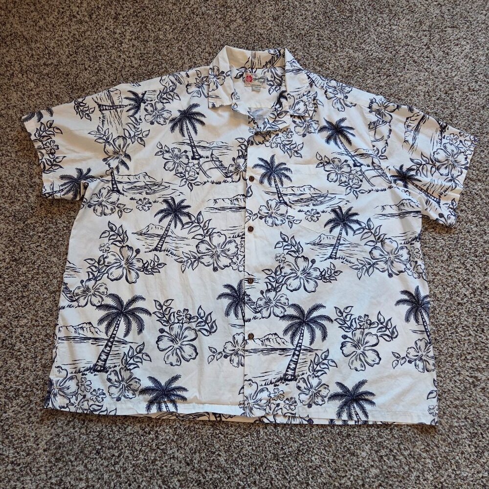 Vintage Hilo Hattie Hawaiian Shirt Mens 4XL Button Up Palm Trees Floral Resort